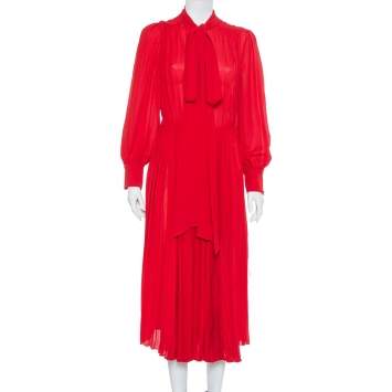 Pre Owned Valentino Red Silk Neck Tie Detail  Pleated Midi Dress S