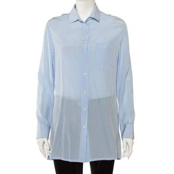 Pre Owned Valentino Blue Striped Silk Scoop Back Detail Button Front Shirt M