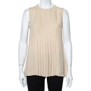 Pre Owned Valentino Beige Silk Pleated Front Sleeveless Top M