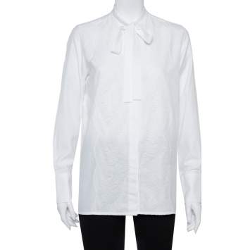 Pre Owned Valentino White Cotton Neck Tie Detail Lace Front Shirt M