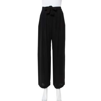 Pre Owned Valentino Black Silk Waist Tie Detail Belted Straight Leg Trousers M