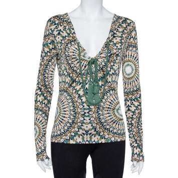 Pre Owned Valentino Multicolor Printed Knit Front Tie Detail Top L