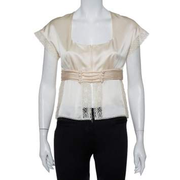 Pre Owned Valentino Vintage Cream Silk Satin & Lace Scoop Neck Top M