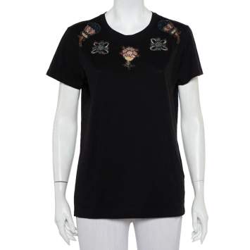 Pre Owned Valentino Black Cotton Beaded Flower Applique Detail Crewneck T-Shirt XL
