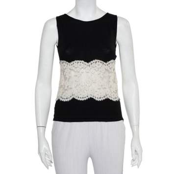 Pre Owned Valentino Black Wool & Cashmere Lace Trim Tank Top L