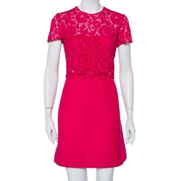 Pre Owned Valentino Pink Wool & Lace Paneled Scalloped Rockstud Waist Detail Mini Dress M