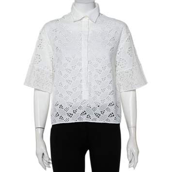 Pre Owned Valentino White Eyelet Lace Collared Button Front Shirt M