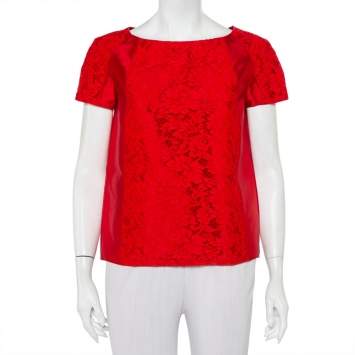 Pre Owned Valentino Red Silk & Lace Paneled Oversized Top S