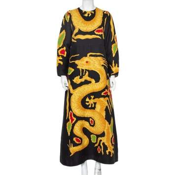 Pre Owned Valentino 1968 Vintage Multicolor Dragon Printed Wool & Silk Maxi Dress L