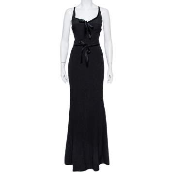 Pre Owned Valentino Boutique Vintage Black Textured Silk & Satin Tie Detail Sleeveless Maxi Dress M