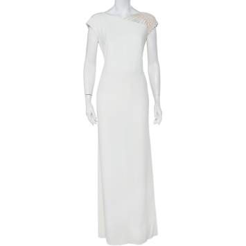Pre Owned Valentino Boutique Vintage White Crepe Mesh Sleeve Detail Maxi Dress L