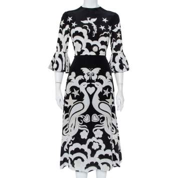 Pre Owned Valentino Black Phoenix Printed Silk Midi Dress M
