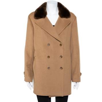 Pre Owned Valentino Camel Brown Wool & Cashgora Fur Trim Belted Short Coat XL