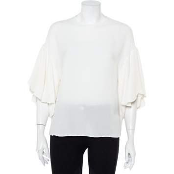 Pre Owned Valentino White Silk Scalloped Sleeve Detail Top M