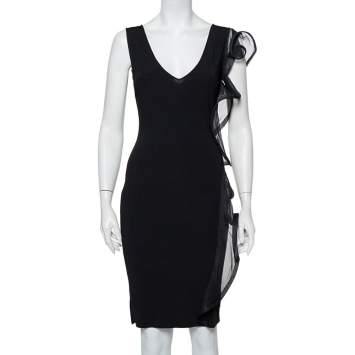 Pre Owned Valentino Black Knit Structured Ruffle Detail Sheath Dress S