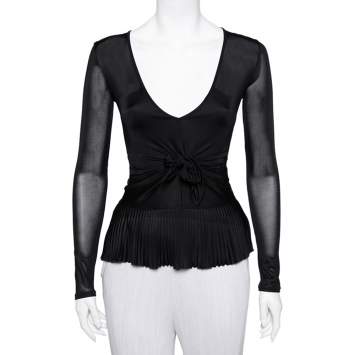 Pre Owned Valentino Black Jersey Plisse Detail Plunge Neck Top M