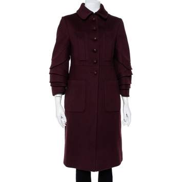 Pre Owned Valentino Hiver 2008 Burgundy Wool Ruffle Sleeve Button Front Coat M