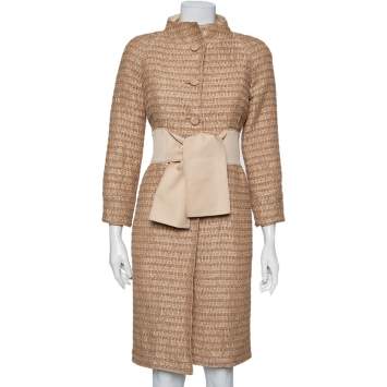 Pre Owned Valentino Cream Lurex Tweed Mid Length Coat S