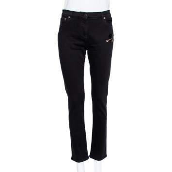 Pre Owned Valentino Black Denim Embellished love Detail Slim Fit Jeans L