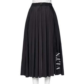 Pre Owned Valentino Black Logo Printed Knit Pleated Midi Skirt M