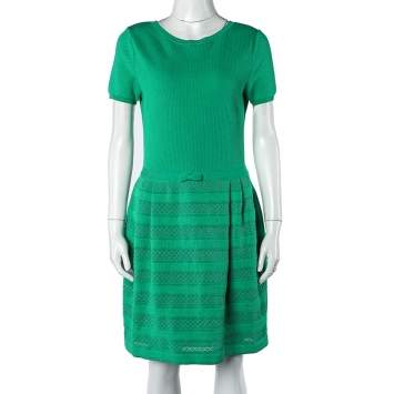 Pre Owned Valentino Green Textured Knit Pleated Dress L