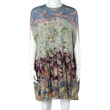 Pre Owned Valentino Multicolor Bird Floral Landscape Print Silk Cape Short Dress M