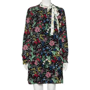 Pre Owned Valentino Black Camu Garden Printed Silk Neck Tie Detail Mini Dress L