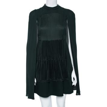Pre Owned Valentino Green Silk Pleated Detail Cape Detail Mini Dress S