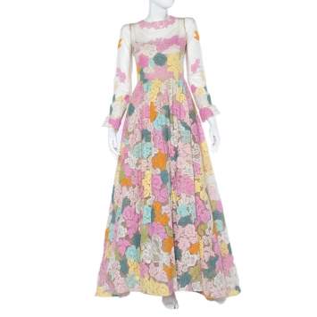 Pre Owned Valentino Multicolor Floral Lace & Tulle Long Sleeve Gown S