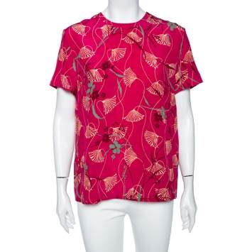 Pre Owned Valentino Pink Floral Print Silk Blouse L