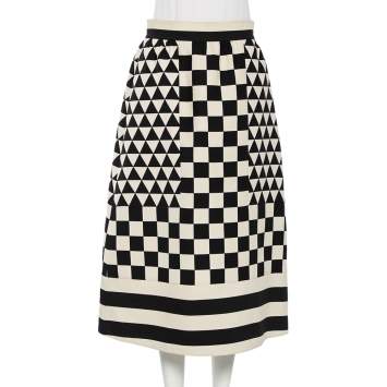 Pre Owned Valentino Checkered Monochrome Wool Midi Skirt M 