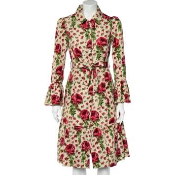 Pre Owned Valentino Cream Floral Printed Satin Belted Shirt Dress M