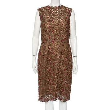 Pre Owned Valentino Bronze Lace Overlay Sheath Dress L 
