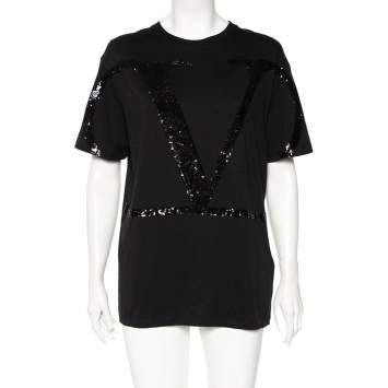 Pre Owned Valentino Black Cotton VLogo Sequence Embellished T-Shirt M 
