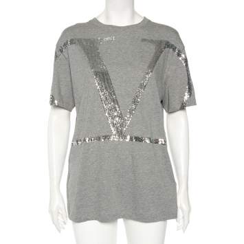 Pre Owned Valentino Grey Cotton VLogo Sequins Embellished T-Shirt M 