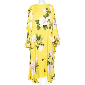 Pre Owned Valentino Yellow Silk Peony Print Asymmetrical Ruffled Gown L