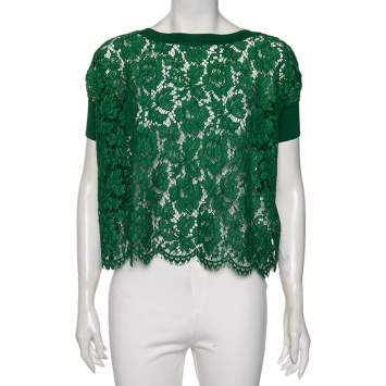 Pre Owned Valentino Green Lace And Knit Trim Oversized Top S