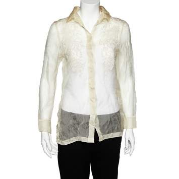 Pre Owned Valentino Cream Embroidered Silk Sheer Shirt M