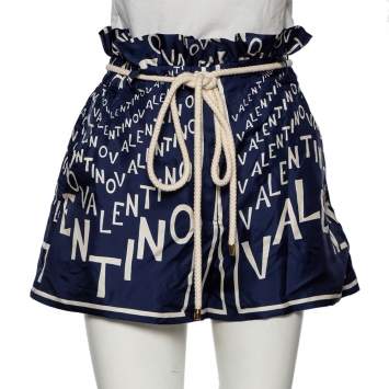 Pre Owned Valentino Blue Logo Print Silk Rope Belted High Waist Shorts M