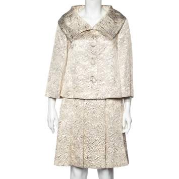 Pre Owned Valentino Gold Embossed Wool & Silk Oversized Collar Blazer & Pleated Mini Skirt M