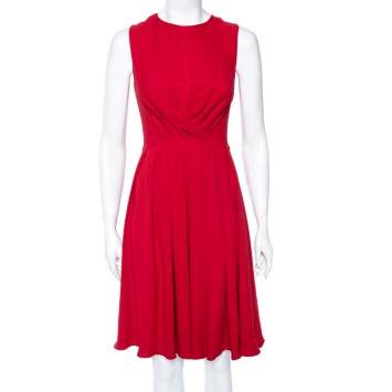 Pre Owned Valentino Red Crepe Sleeveless Pleated Dress S