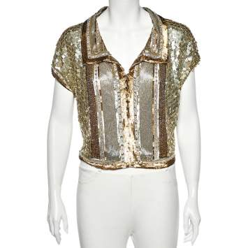 Pre Owned Valentino Gold Embellished Cap Sleeve Crop Top L