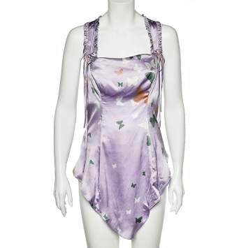 Pre Owned Valentino Lilac Butterfly Printed Silk Satin Asymmetric Hem Camisole M