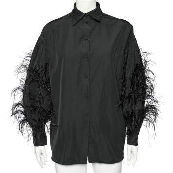 Pre Owned Valentino Black Cotton & Ostrich Feather Detailed Button Front Shirt M