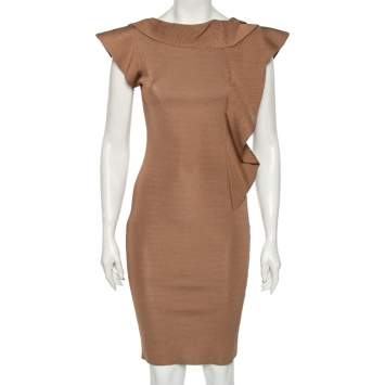 Pre Owned Valentino Brown Knit Ruffled Overlay Detailed Bodycon Dress S