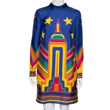 Pre Owned Valentino Multicolored Empire State Building Print Silk Mini Dress M
