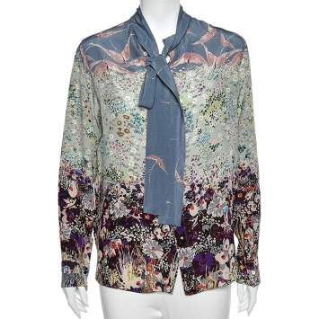 Pre Owned Valentino Multicolored Printed Silk Neck Tie Detail Button Front Blouse L 