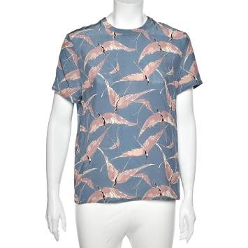 Pre Owned Valentino Blue Bird Printed Silk Top M