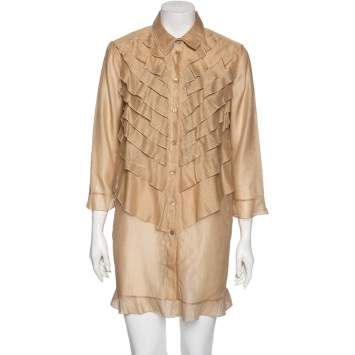 Pre Owned Valentino Beige Cotton & Silk Ruffled Overlay Button Front Tunic M