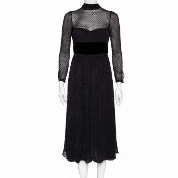 Pre Owned Valentino Black Velvet Polka Dotted & Silk Neck Tie Detailed Midi Dress M